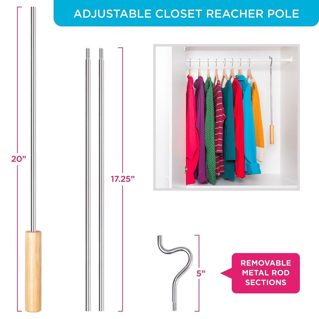 Closet Reacher Pole Adjustable 2.75 to 5 Feet Wooden Handle Heavy Duty Hook Image 3