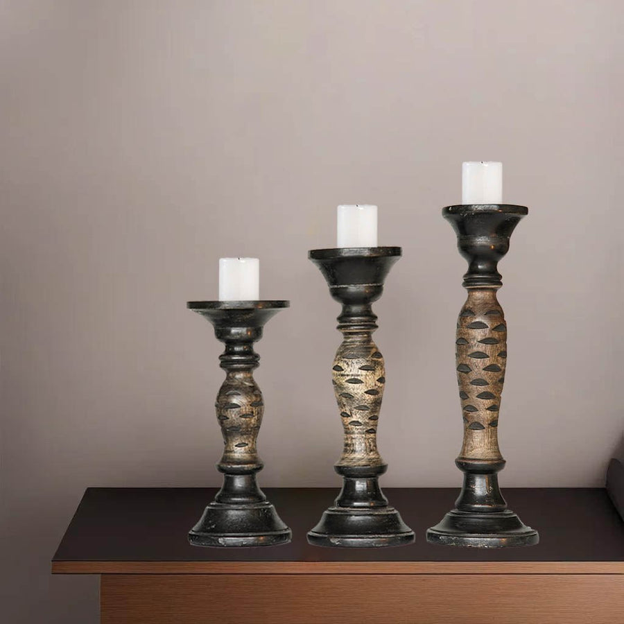 Handmade Mango Wood Pillar Candle Holder Set of 3 Dark Polish Eco-Friendly Decor Image 1