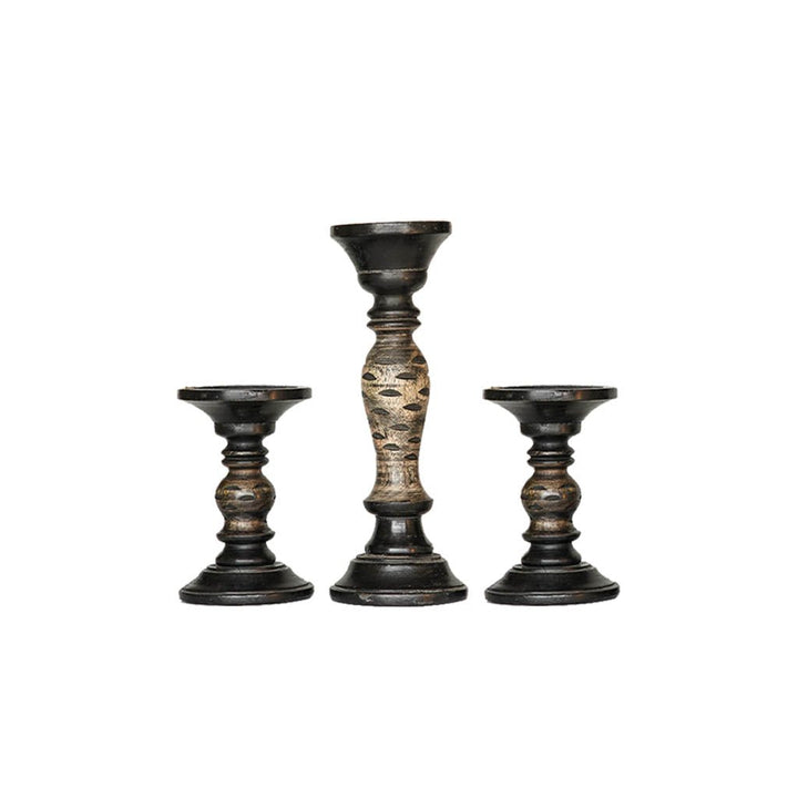 Handmade Mango Wood Pillar Candle Holder Set of 3 Dark Polish Eco-Friendly Decor Image 3