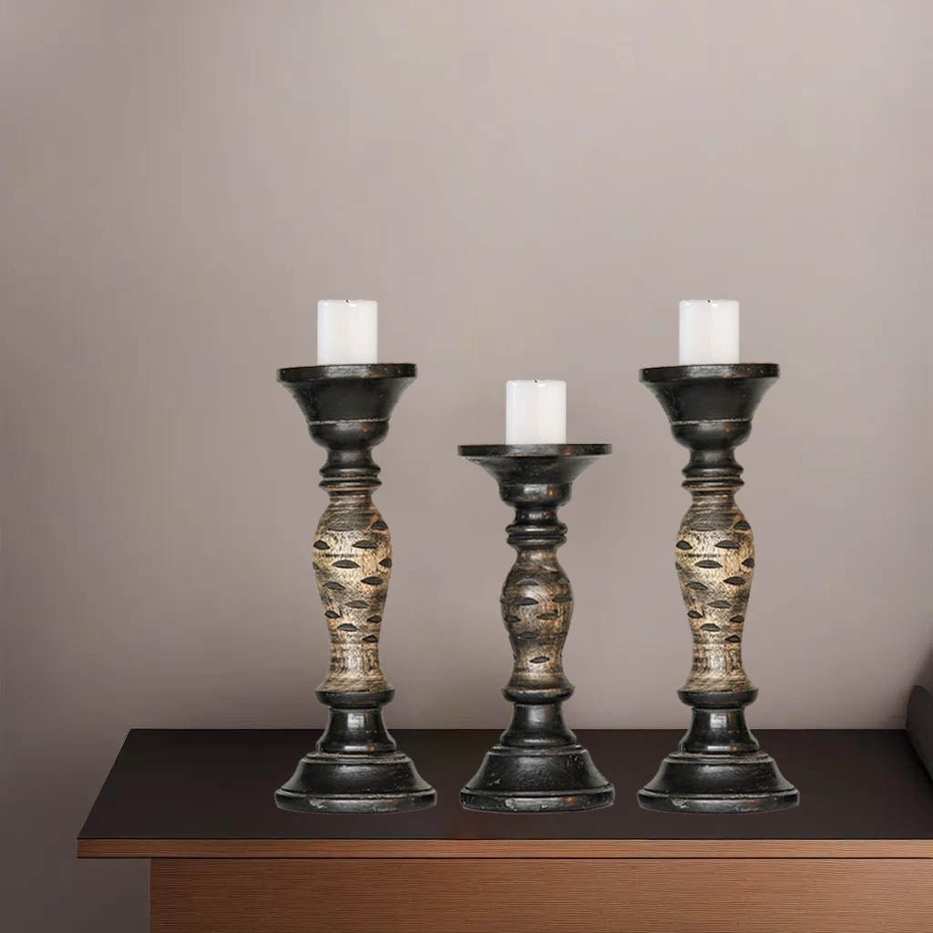 Handmade Mango Wood Pillar Candle Holder Set of 3 Dark Polish Eco-Friendly Decor Image 5