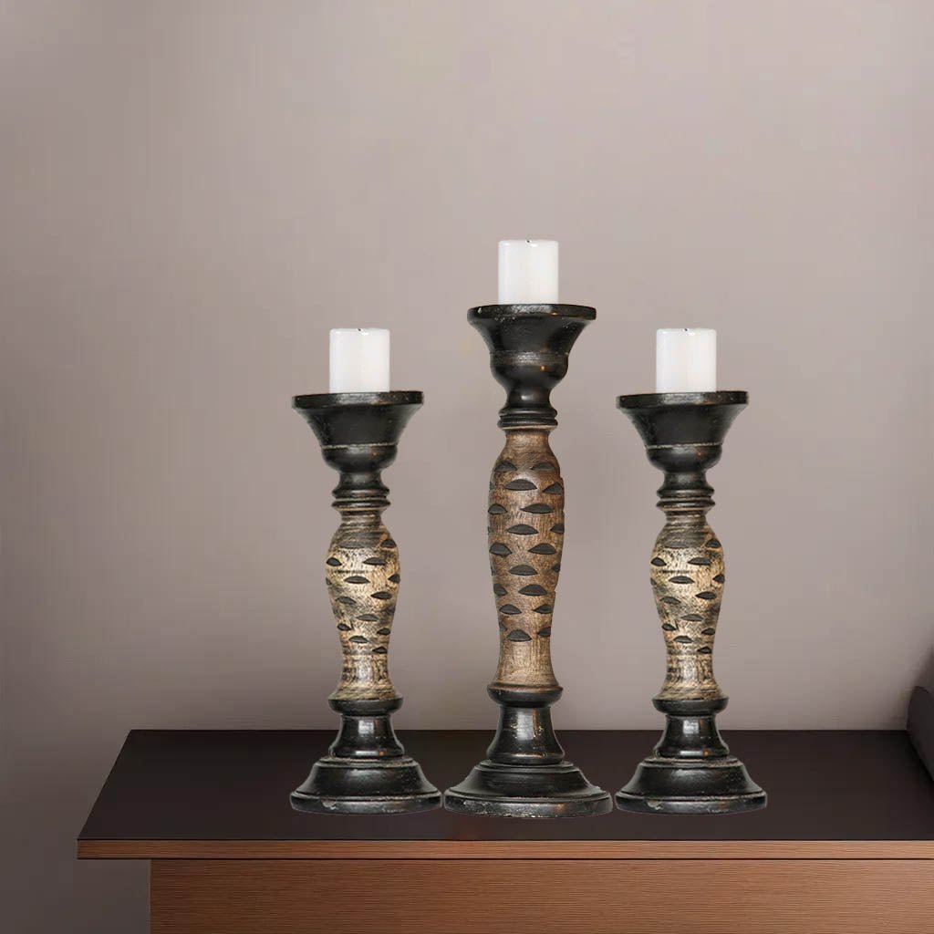 Handmade Mango Wood Pillar Candle Holder Set of 3 Dark Polish Eco-Friendly Decor Image 1