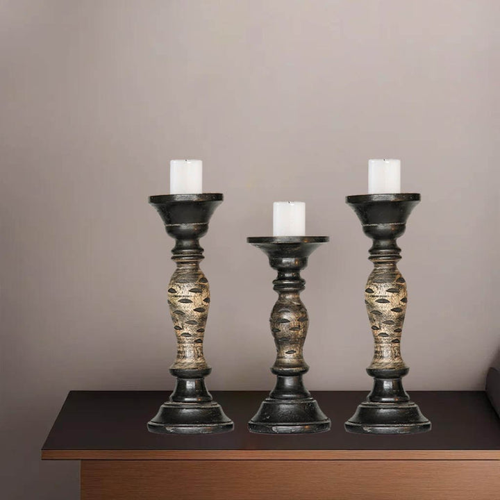 Handmade Mango Wood Pillar Candle Holder Set of 3 Dark Polish Eco-Friendly Decor Image 1