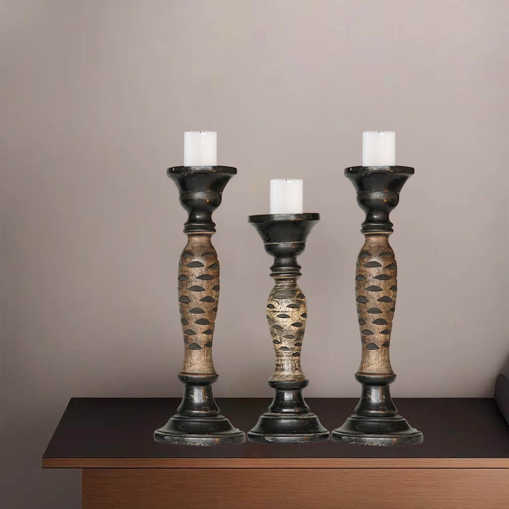 Handmade Mango Wood Pillar Candle Holder Set of 3 Dark Polish Eco-Friendly Decor Image 10