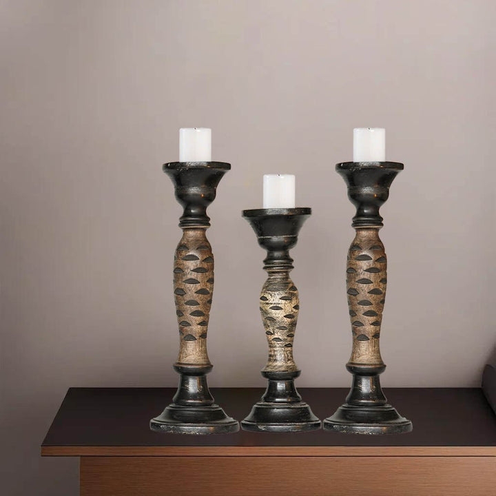 Handmade Mango Wood Pillar Candle Holder Set of 3 Dark Polish Eco-Friendly Decor Image 1