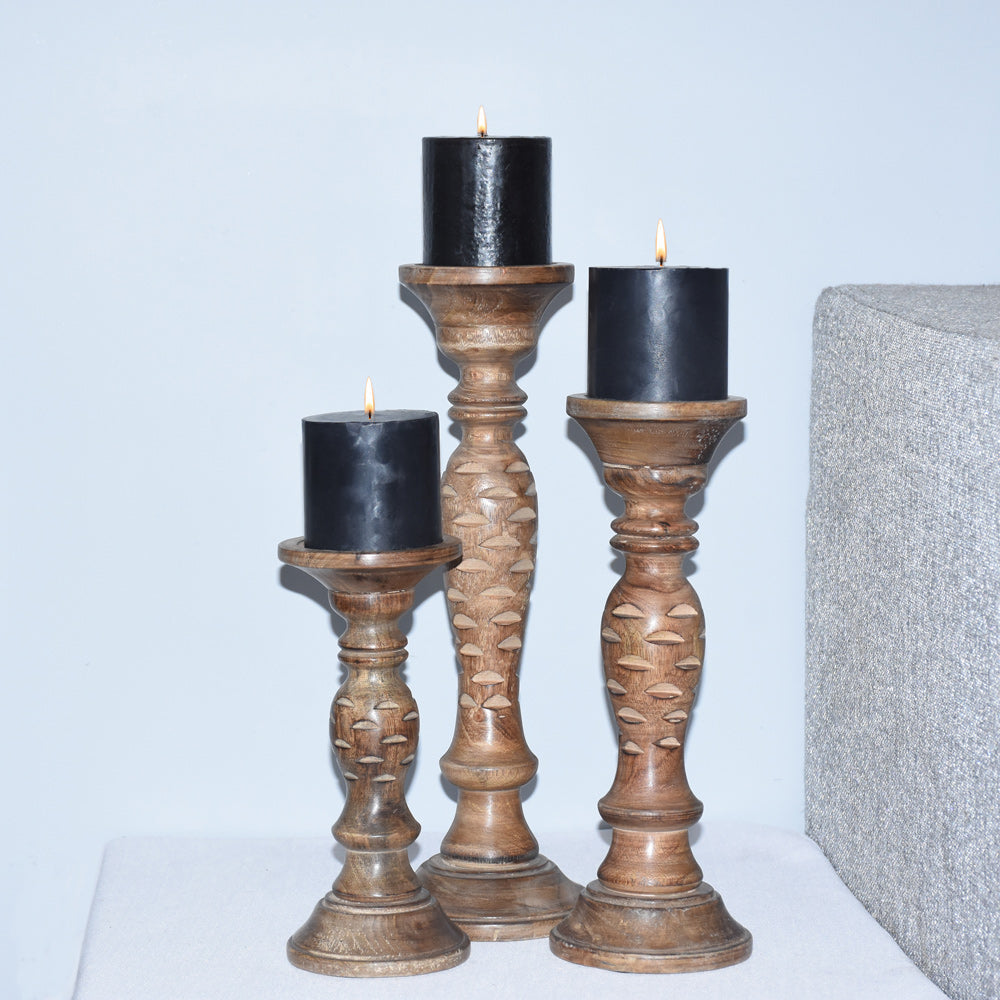 BBH Homes Traditional Medium Burnt Mango Wood Candle Holder Set of 3 Eco-Friendly Image 1