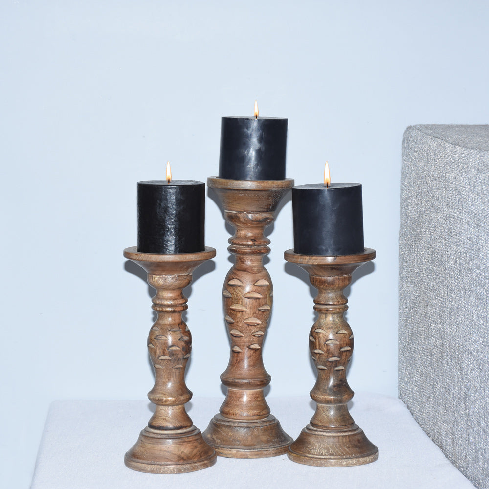 BBH Homes Traditional Medium Burnt Mango Wood Candle Holder Set of 3 Eco-Friendly Image 5