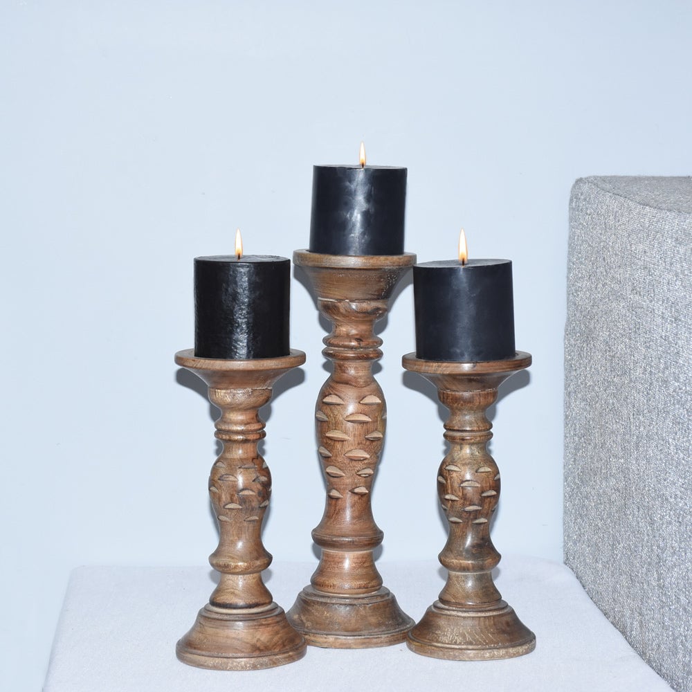 BBH Homes Traditional Medium Burnt Mango Wood Candle Holder Set of 3 Eco-Friendly Image 1