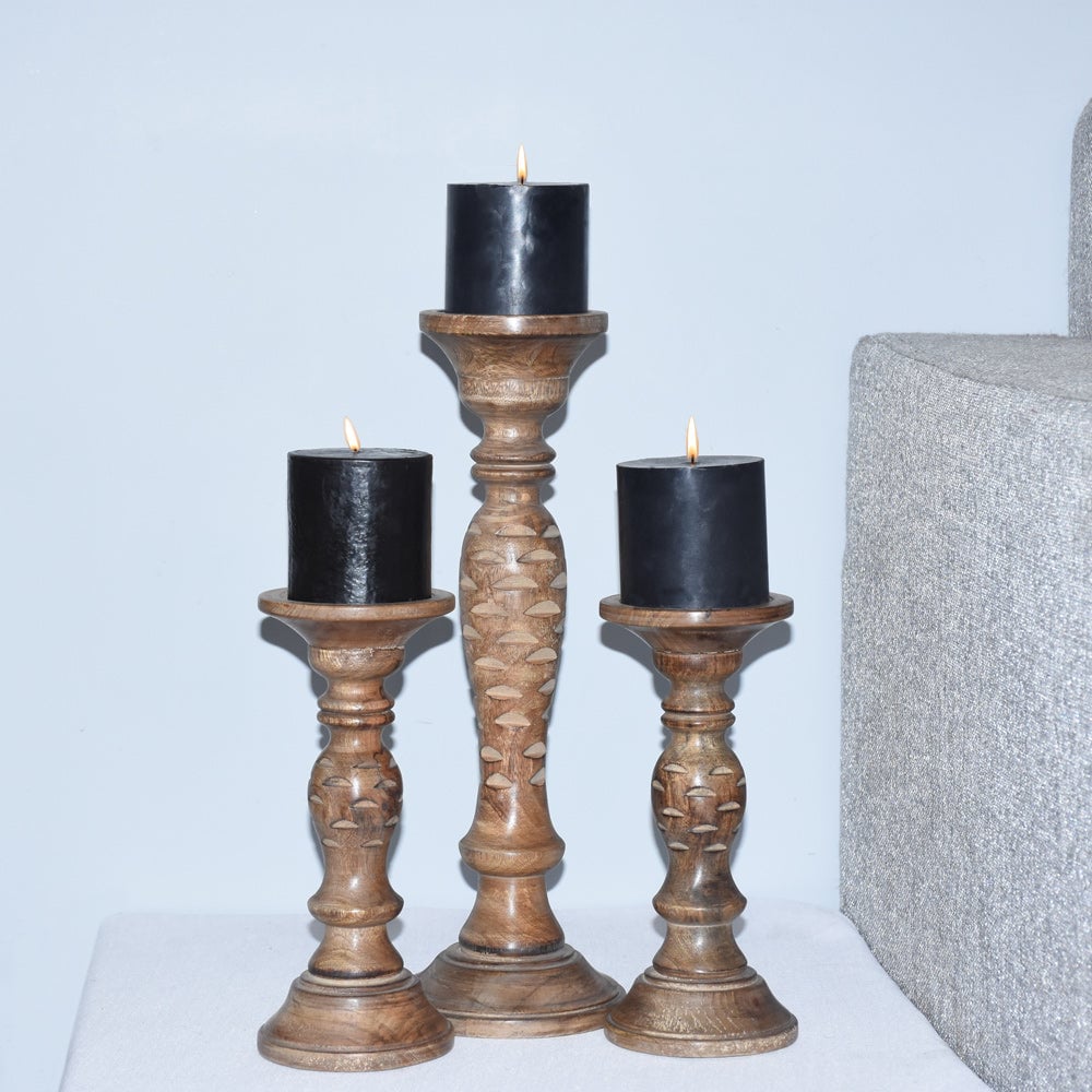 BBH Homes Traditional Medium Burnt Mango Wood Candle Holder Set of 3 Eco-Friendly Image 6