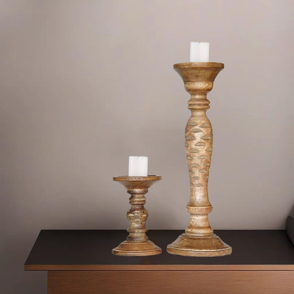 Handmade Mango Wood Pillar Candle Holders Set of 2 Wallnut Eco-Friendly Decor Image 2