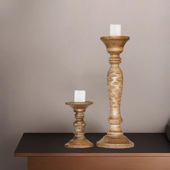 Handmade Mango Wood Pillar Candle Holders Set of 2 Wallnut Eco-Friendly Decor Image 2