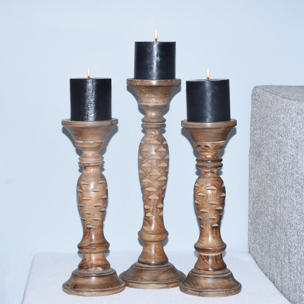 BBH Homes Traditional Medium Burnt Mango Wood Candle Holder Set of 3 Eco-Friendly Image 7