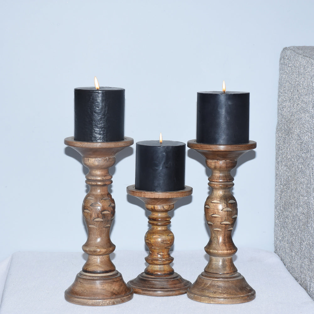 BBH Homes Traditional Medium Burnt Mango Wood Candle Holder Set of 3 Eco-Friendly Image 8