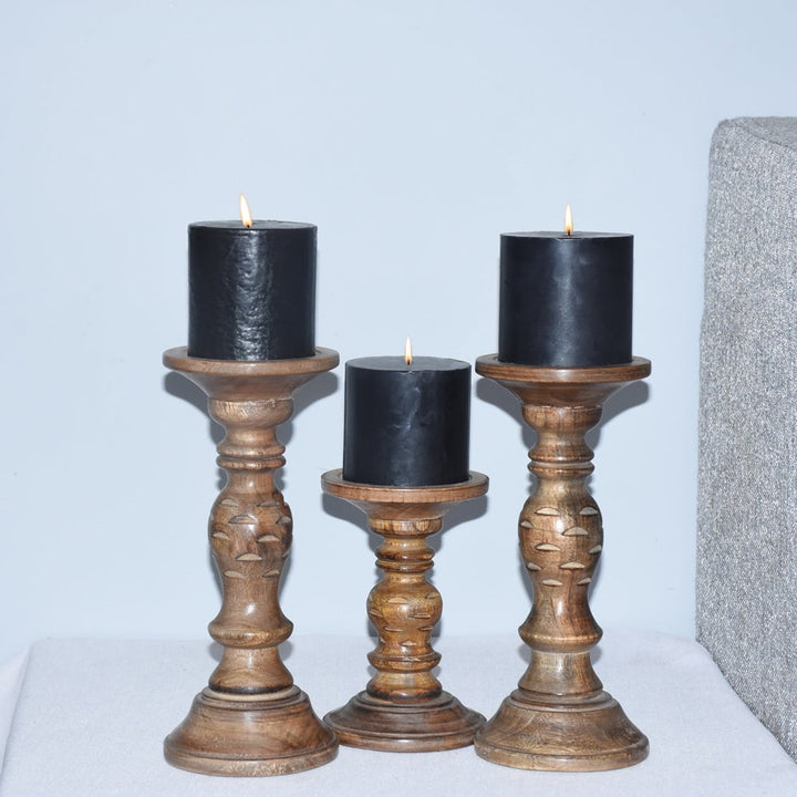 BBH Homes Traditional Medium Burnt Mango Wood Candle Holder Set of 3 Eco-Friendly Image 1