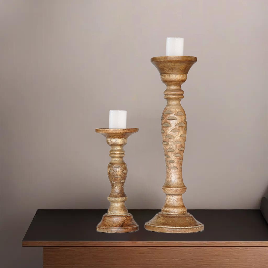 Handmade Mango Wood Pillar Candle Holders Set of 2 Wallnut Eco-Friendly Decor Image 4