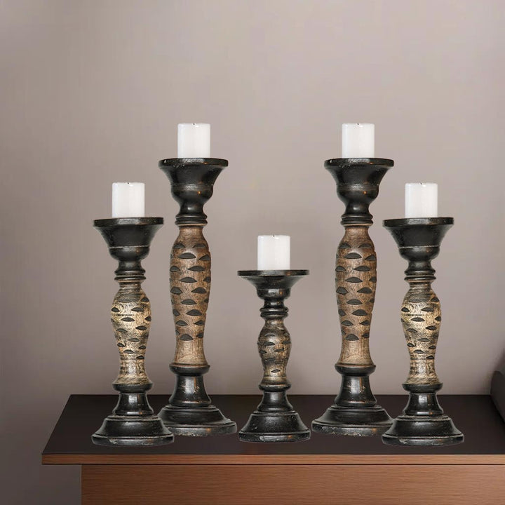 BBH Homes Handmade Dark Polish Mango Wood Pillar Candle Holders Set of 5 Eco-friendly Image 8