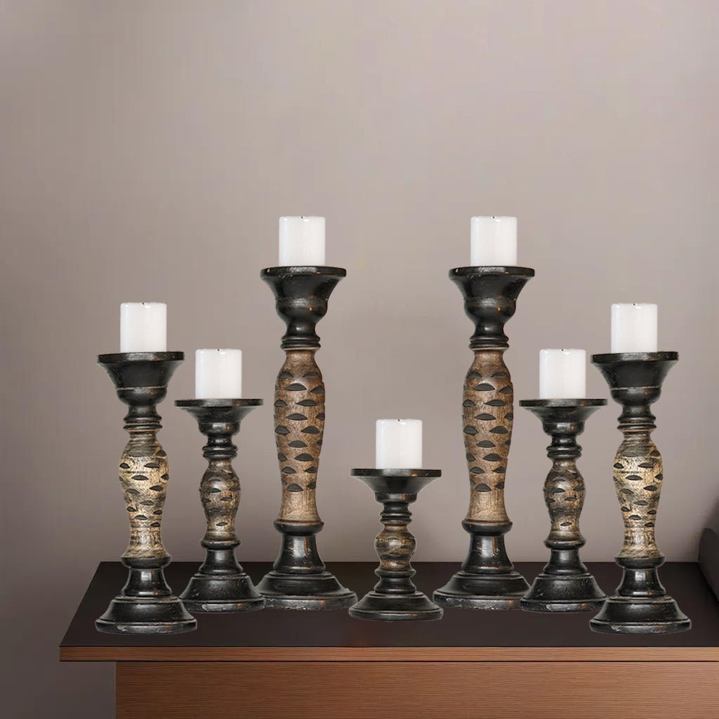 Handmade Dark Polish Mango Wood Set of 7 Eco-Friendly Pillar Candle Holders Image 6