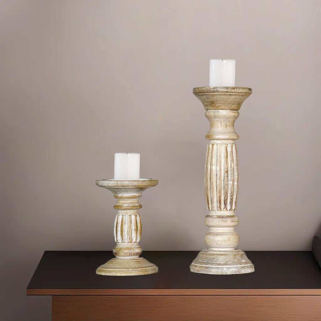 Antique White Handmade Mango Wood Pillar Candle Holders Set of 2 Eco-Friendly Image 1