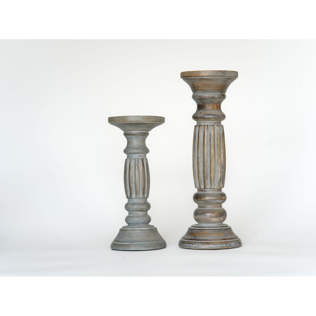 Eco-friendly Mango Wood Pillar Candle Holder Set of 2 Antique Dusk Color Image 1