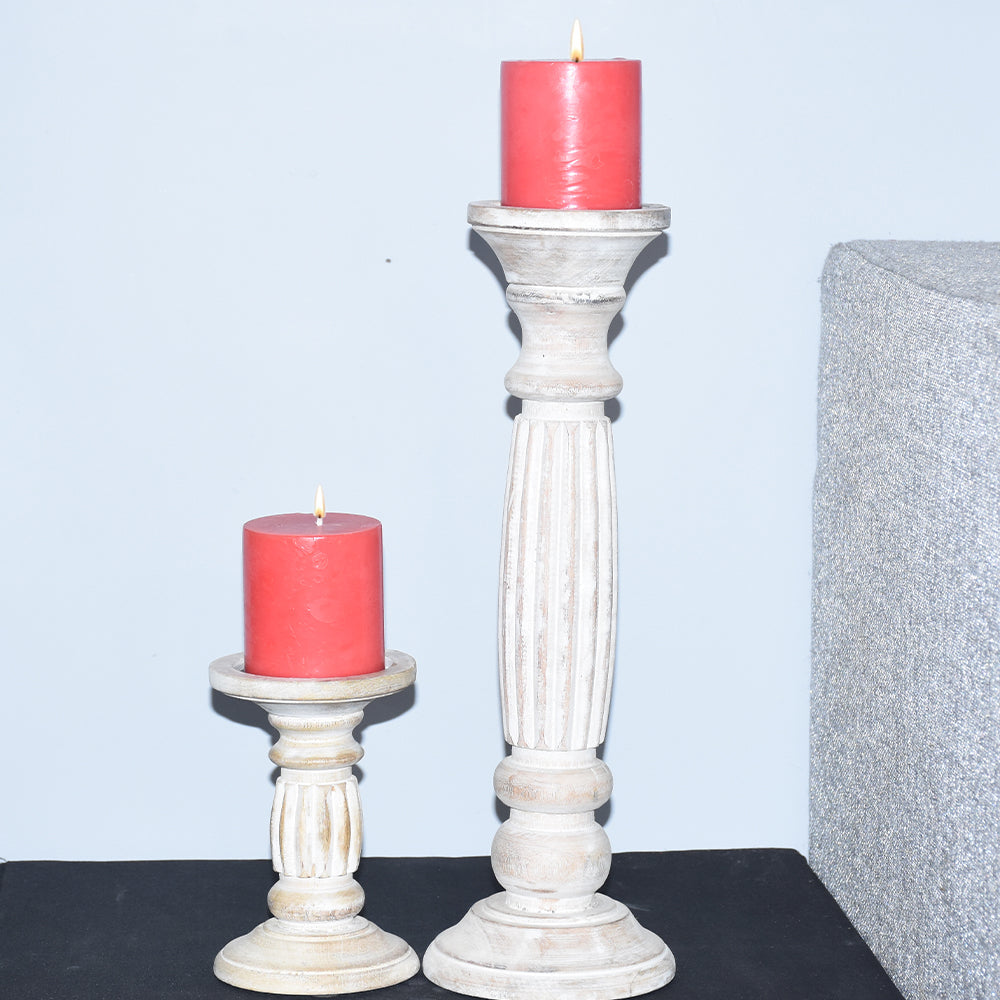 Antique White Handmade Mango Wood Pillar Candle Holders Set of 2 Eco-Friendly Image 2