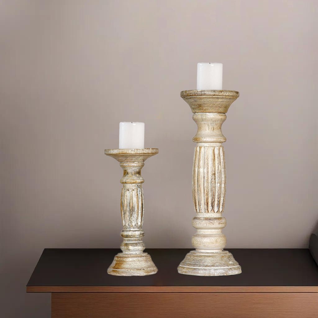 Antique White Handmade Mango Wood Pillar Candle Holders Set of 2 Eco-Friendly Image 3