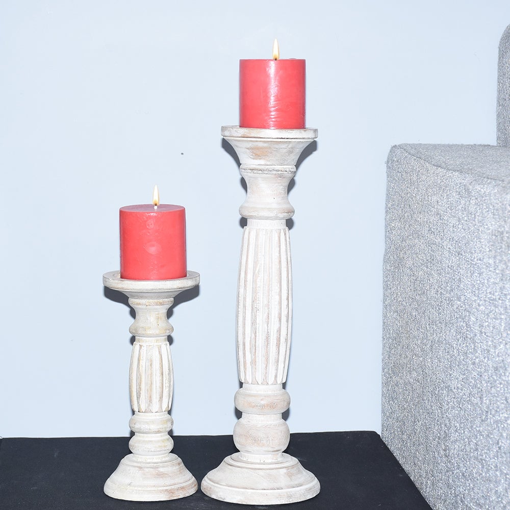 Antique White Handmade Mango Wood Pillar Candle Holders Set of 2 Eco-Friendly Image 1