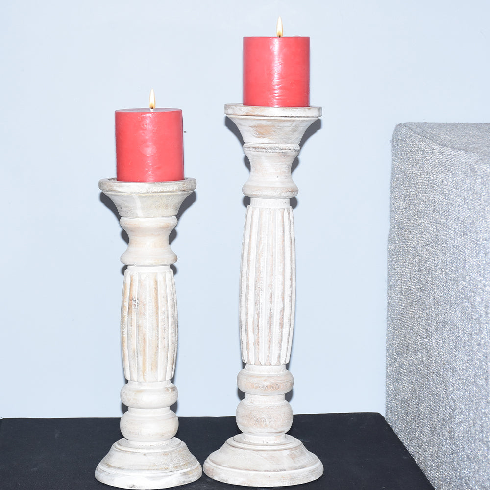 Antique White Handmade Mango Wood Pillar Candle Holders Set of 2 Eco-Friendly Image 5