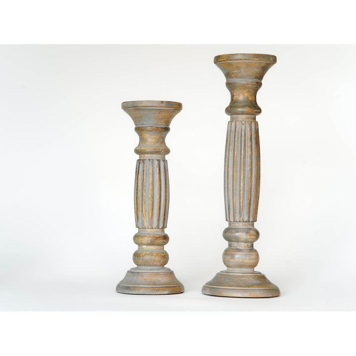 Gray Wash Handmade Mango Wood Candle Holder Set of 2 Eco-friendly Pillar Holders Image 3