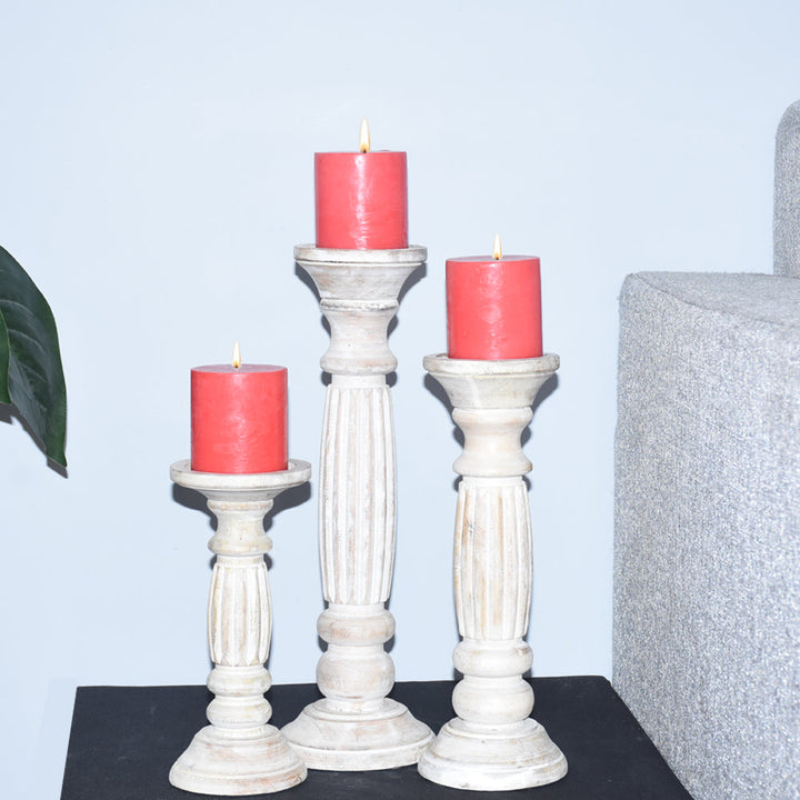 Antique White Handmade Mango Wood Pillar Candle Holder Set of 3 Eco-friendly Image 1