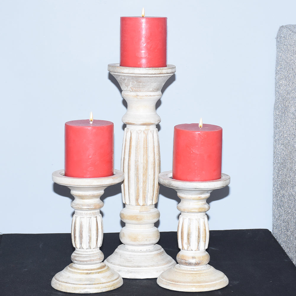 Antique White Handmade Mango Wood Pillar Candle Holder Set of 3 Eco-friendly Image 2