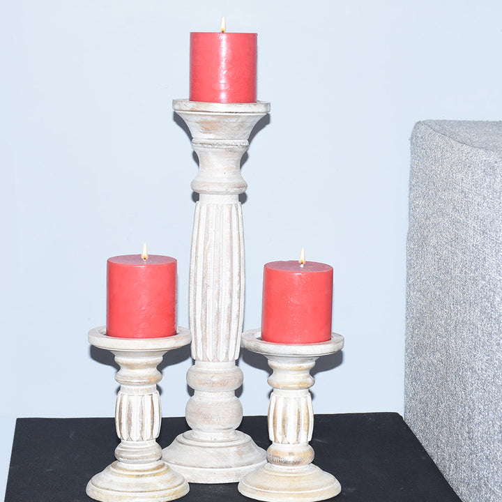 Antique White Handmade Mango Wood Pillar Candle Holder Set of 3 Eco-friendly Image 3