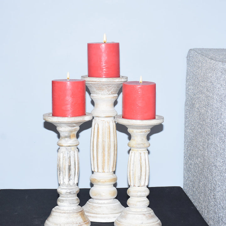 Antique White Handmade Mango Wood Pillar Candle Holder Set of 3 Eco-friendly Image 4