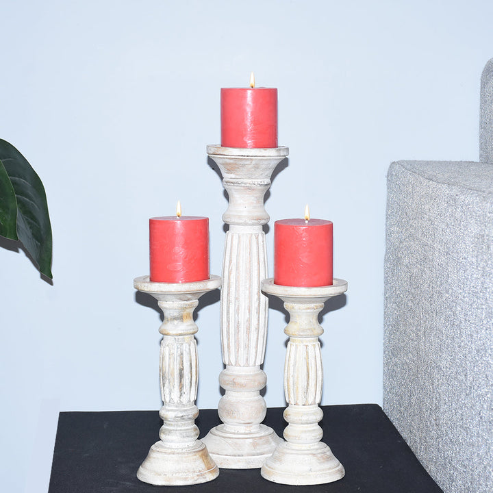 Antique White Handmade Mango Wood Pillar Candle Holder Set of 3 Eco-friendly Image 5