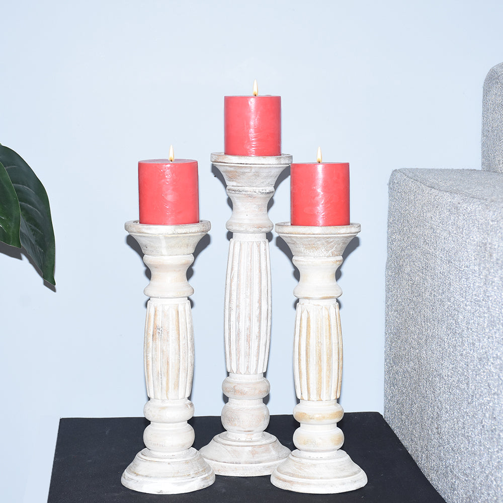 Antique White Handmade Mango Wood Pillar Candle Holder Set of 3 Eco-friendly Image 6