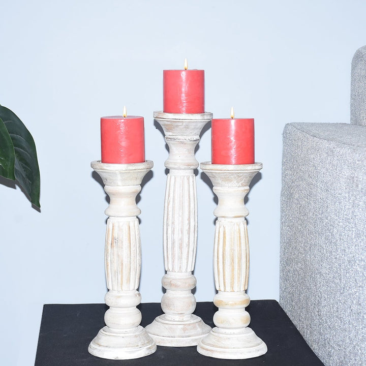 Antique White Handmade Mango Wood Pillar Candle Holder Set of 3 Eco-friendly Image 1