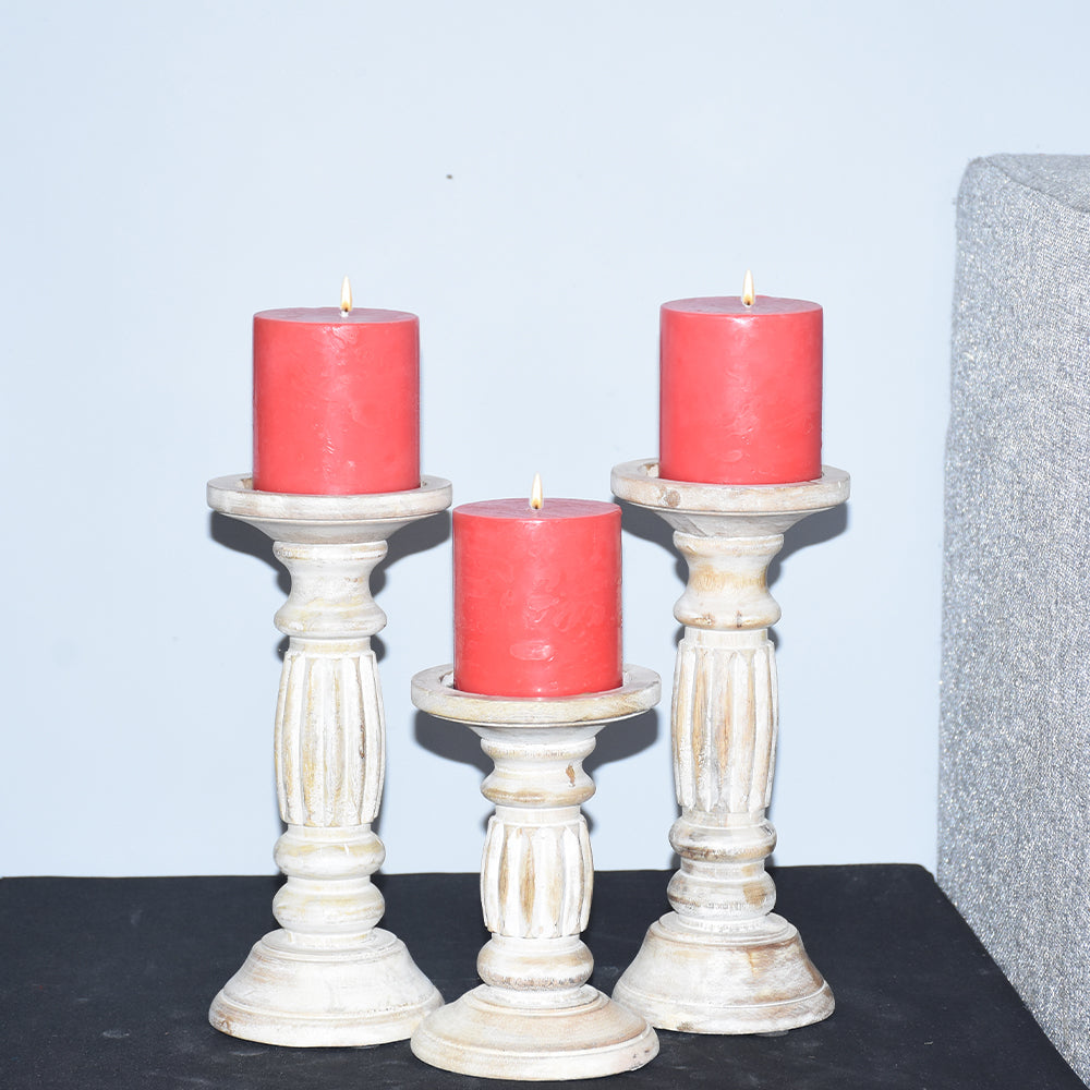 Antique White Handmade Mango Wood Pillar Candle Holder Set of 3 Eco-friendly Image 7