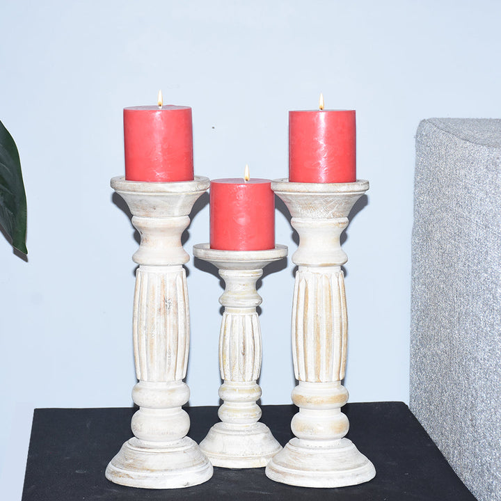 Antique White Handmade Mango Wood Pillar Candle Holder Set of 3 Eco-friendly Image 8