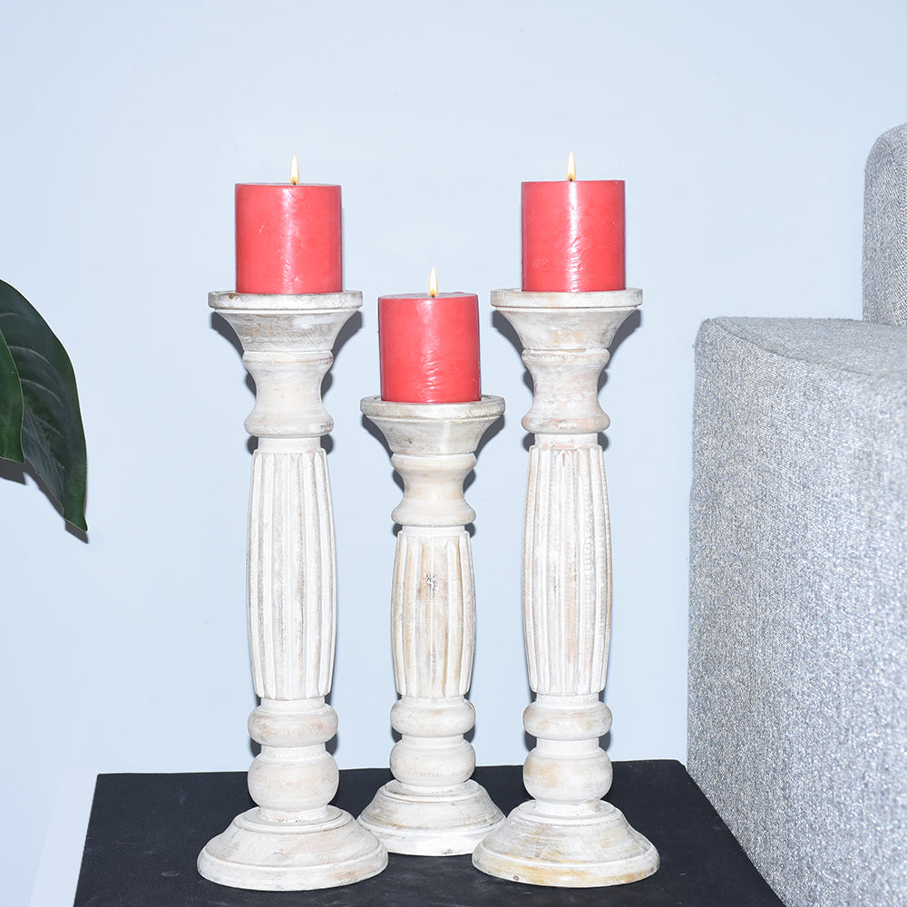 Antique White Handmade Mango Wood Pillar Candle Holder Set of 3 Eco-friendly Image 9