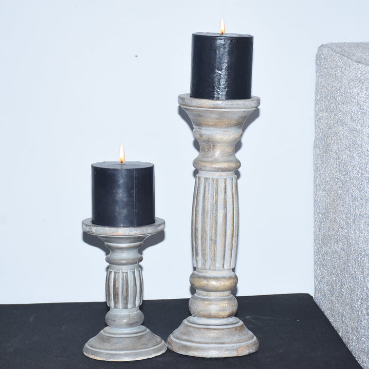 Eco-friendly Mango Wood Pillar Candle Holder Set of 2 Antique Dusk Color Image 8