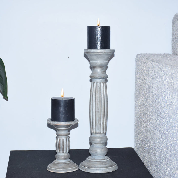 Eco-friendly Mango Wood Pillar Candle Holder Set of 2 Antique Dusk Color Image 9