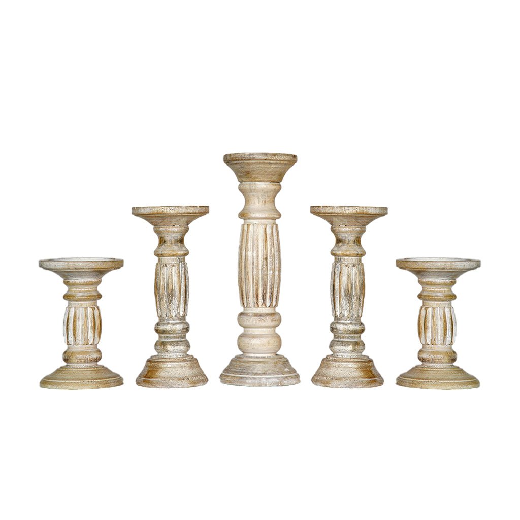 Antique White Handmade Mango Wood Set of 5 Pillar Candle Holders Eco-Friendly Image 2