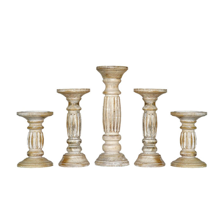 Antique White Handmade Mango Wood Set of 5 Pillar Candle Holders Eco-Friendly Image 2