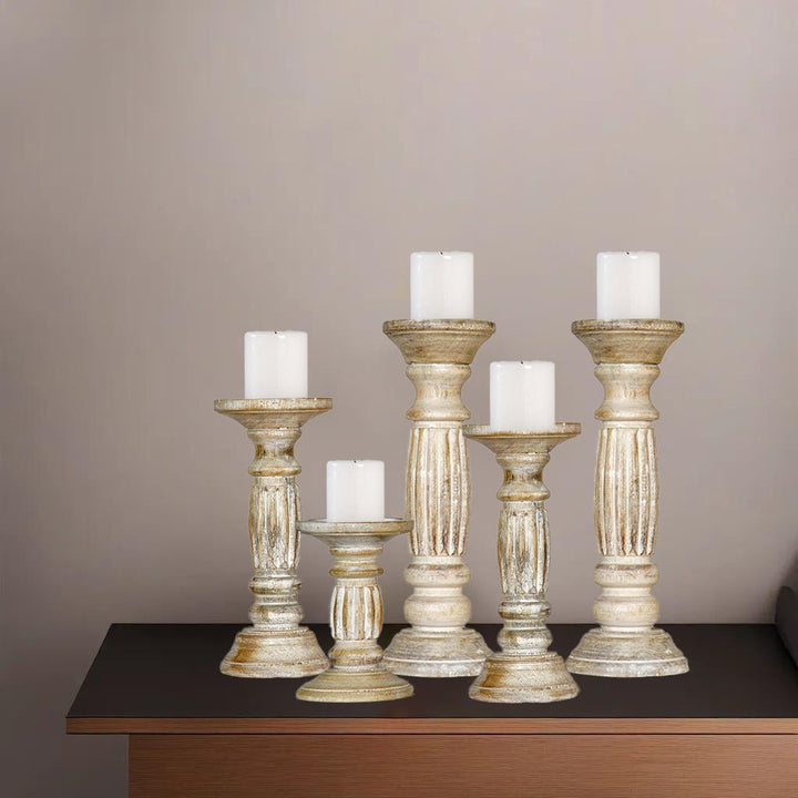 Antique White Handmade Mango Wood Set of 5 Pillar Candle Holders Eco-Friendly Image 6