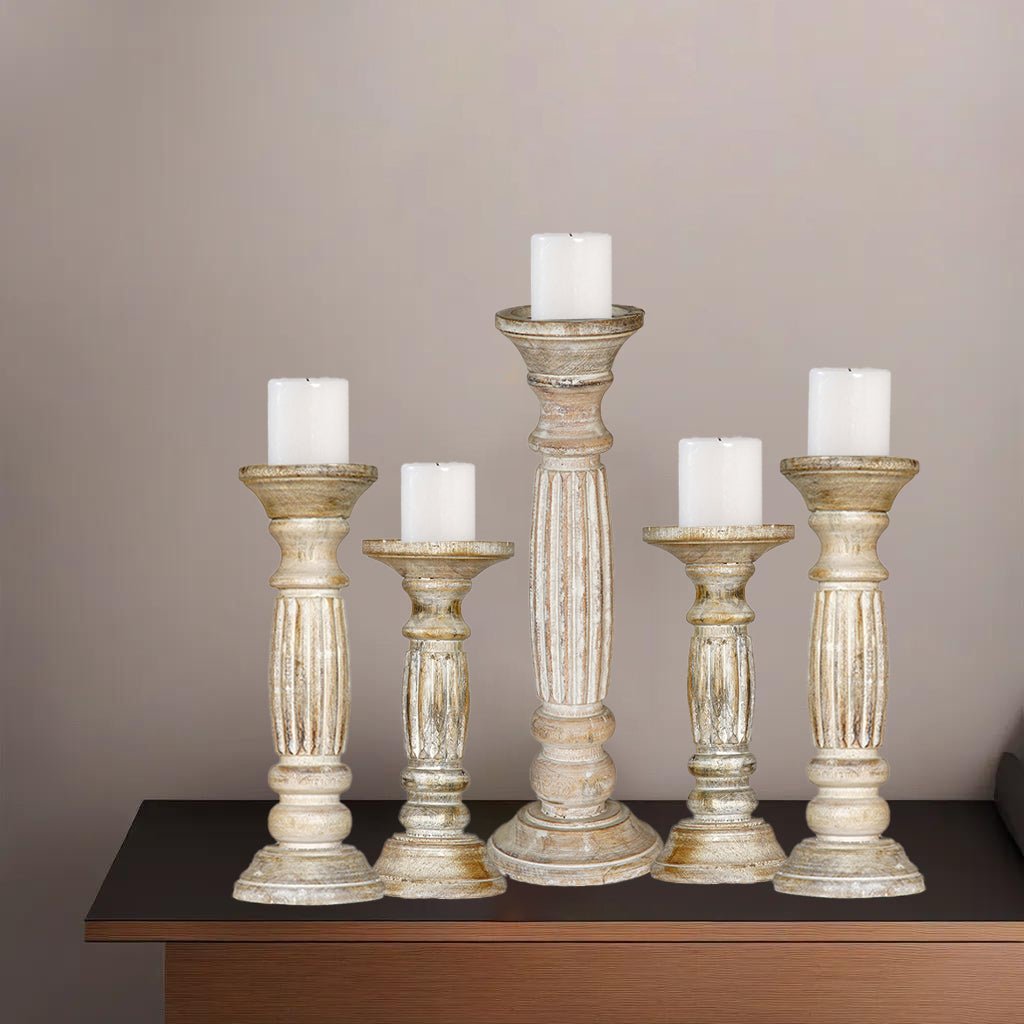 Antique White Handmade Mango Wood Set of 5 Pillar Candle Holders Eco-Friendly Image 7