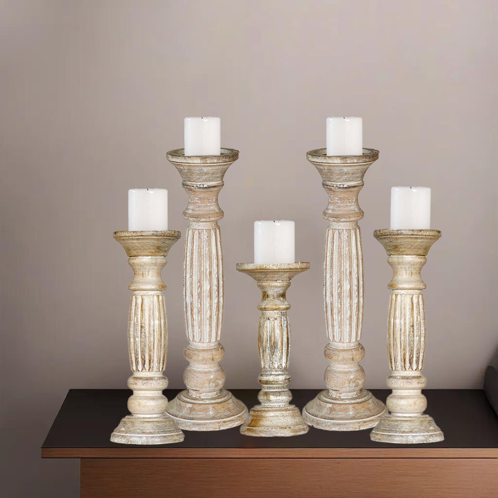 Antique White Handmade Mango Wood Set of 5 Pillar Candle Holders Eco-Friendly Image 8