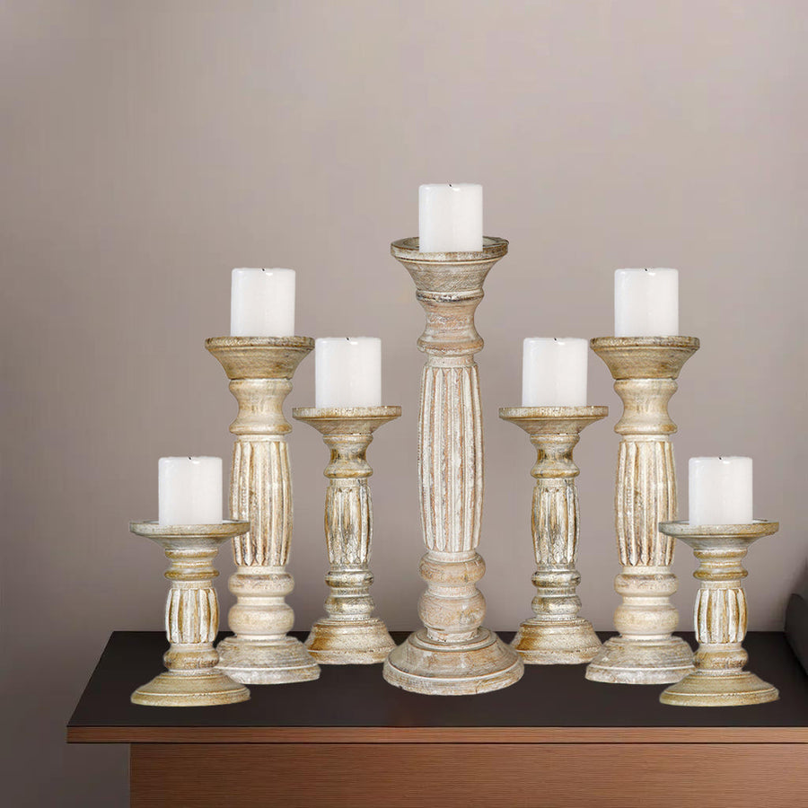 Antique White Handmade Mango Wood Pillar Candle Holder Set of 7 Eco-friendly Image 1