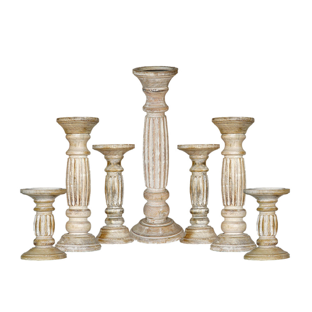 Antique White Handmade Mango Wood Pillar Candle Holder Set of 7 Eco-friendly Image 2