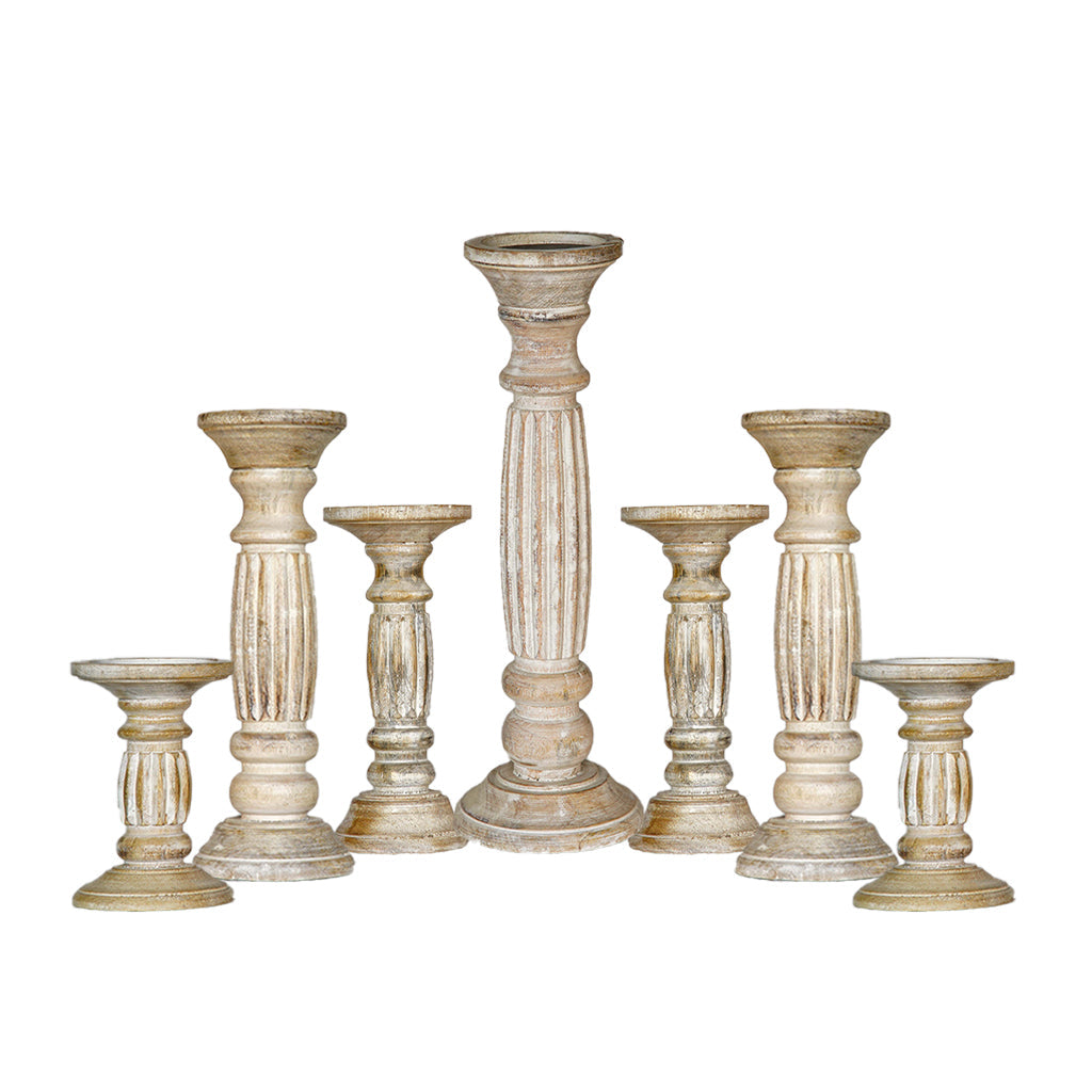 Antique White Handmade Mango Wood Pillar Candle Holder Set of 7 Eco-friendly Image 2