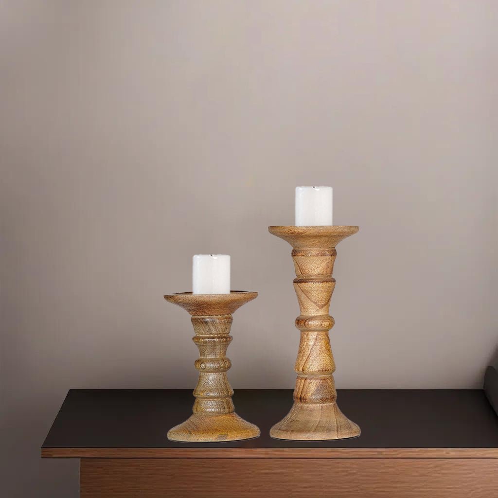 Handmade Mango Wood Pillar Candle Holders Set of 2 Eco-Friendly Walnut Color Image 1