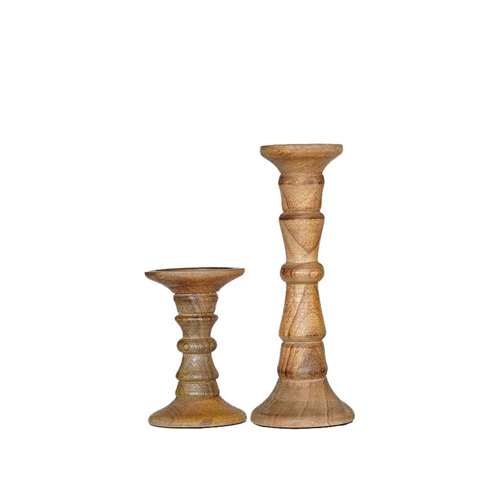 Handmade Mango Wood Pillar Candle Holders Set of 2 Eco-Friendly Walnut Color Image 2