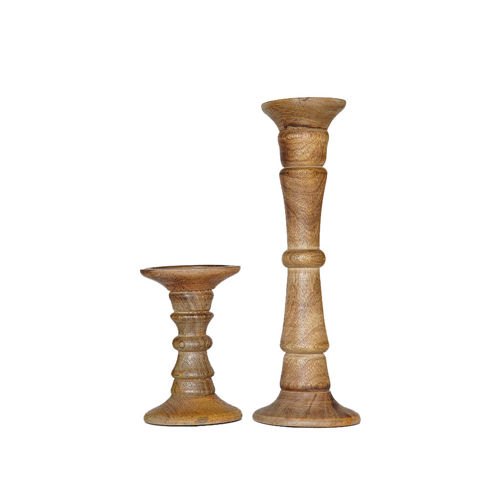 Handmade Mango Wood Pillar Candle Holders Set of 2 Eco-Friendly Walnut Color Image 3